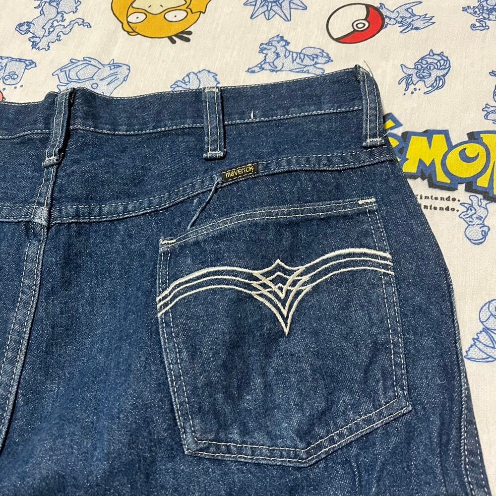 Vintage 70s Maverick Dark Wash Embroidered Jeans 36x29 - Picture 3 of 4